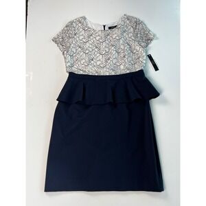 Alex‎ Marie Dress Ivory Black Lace Ruffle Peplum Career Party Cocktail Size 16